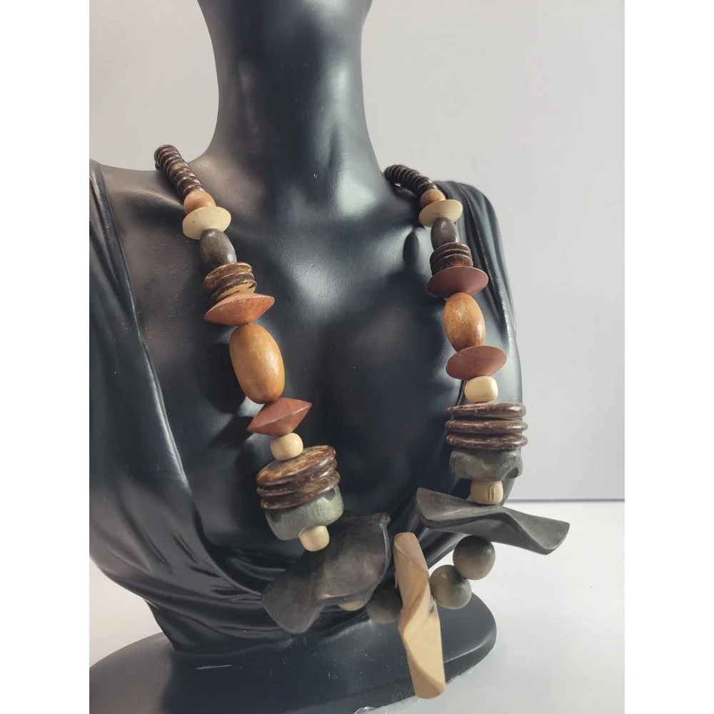 Earth Tone Chunky Statement Necklace Brown Orange Gray Beaded Boho Artisan Style